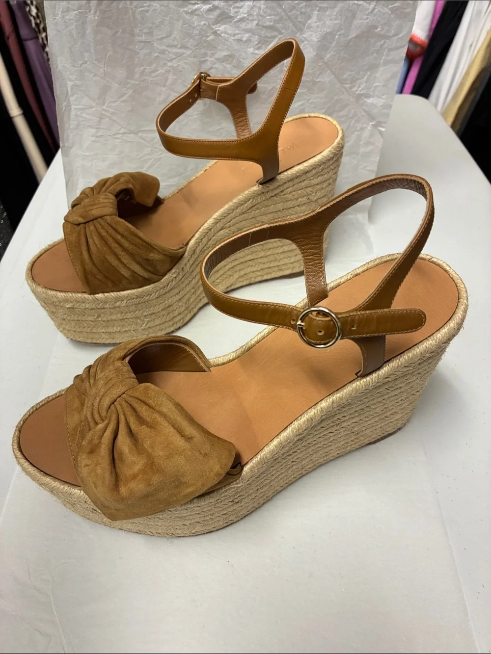 Valentino Garavani Tan Suede Knot Espadrille Wedge Sandals